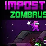 Barevná grafika s nápisem IMPOSTOR ZOMBRUSH a postavou v růžovém obleku na tmavém pozadí s hvězdami