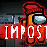 Oranžová postava s čepicí na hlavě v digitálním prostředí, s výrazným nápisem IMPOSTOR v popředí