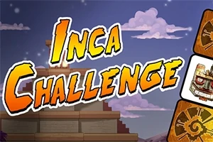 Název Inca Challenge s ilustrací pyramidy a masek na fialovém nebi s mraky