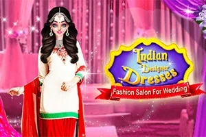 Žena v indickém tradičním oblečení stojí na růžovém pozadí s nápisem Indian Designer Dresses vedle ní