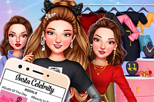 Tři stylově oblečené dívky pózují před šatníkem plným oblečení, doplňků a bot, zatímco v popředí je mobilní telefon s aplikací Insta Celebrity