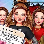 Tři stylově oblečené dívky pózují před šatníkem plným oblečení, doplňků a bot, zatímco v popředí je mobilní telefon s aplikací Insta Celebrity
