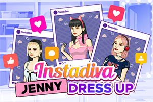 Tři kreslené postavy v různých outfitech na sociálních sítích s ikonami srdíček a komentářů
