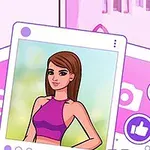 Ilustrace mladé ženy na fotografii s ikonami srdcí a palce nahoru na růžovém pozadí