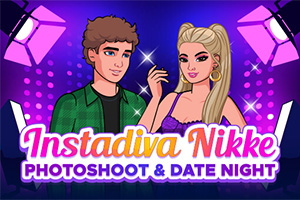 Dva kreslení postavy, muž a žena, stojí vedle sebe s výrazným nápisem Instadiva Nikke Photoshoot & Date Night na fialově osvětleném pozadí s reflektory