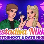 Dva kreslení postavy, muž a žena, stojí vedle sebe s výrazným nápisem Instadiva Nikke Photoshoot & Date Night na fialově osvětleném pozadí s reflektory