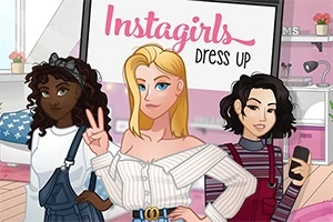 Tři kreslené postavy různých stylů oblečení stojí před nápisem Instagirls Dress Up v růžově laděném interiéru