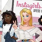 Tři kreslené postavy různých stylů oblečení stojí před nápisem Instagirls Dress Up v růžově laděném interiéru