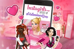 Tři stylizované postavy před mobilním telefonem s nápisem Instagirls Dress Up #ValentinesDay obklopené růžovými srdíčky