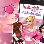 Tři stylizované postavy před mobilním telefonem s nápisem Instagirls Dress Up #ValentinesDay obklopené růžovými srdíčky