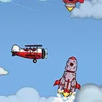 Červená raketa a letadlo letící mezi mraky na modré obloze