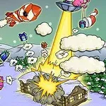 Vánoční scéna s mužem v santovské čepici ovládajícím zařízení, létající raketa, UFO unesoucí dárky, a výbuchem uprostřed zasněžené krajiny