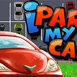 Barevná ilustrace s červenými auty a nápisem „i park my car“ na pozadí parkoviště s různými zaparkovanými vozidly