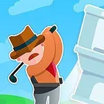 Kreslená postava s kloboukem mává golfovou holí vedle obří toalety na zelené louce s modrou oblohou