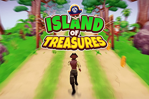 Pirátská postava běží po ostrovní stezce obklopené stromy s logem Island of Treasures nahoře
