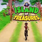 Pirátská postava běží po ostrovní stezce obklopené stromy s logem Island of Treasures nahoře