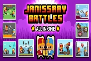 Barevný pixelový obrázek s centrálním textem „Janissary Battles All in One“, postavičkami v helmách uprostřed a osmi malými scénami bojů kolem