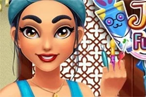 Žena s tmavými vlasy a výrazným make-upem drží barevné tužky před dekorativním pozadím