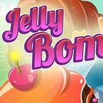Název Jelly Bomb v růžovém písmu na barevném, sladkostmi inspirovaném pozadí s třešněmi