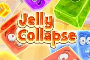 Barevné želé kostky s veselými obličeji obklopující nápis Jelly Collapse