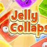 Barevné želé kostky s veselými obličeji obklopující nápis Jelly Collapse