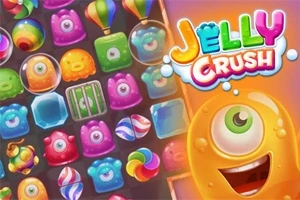 Barevné želatinové tvary a postavička s jedním okem vedle nápisu Jelly Crush
