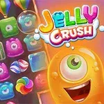 Barevné želatinové tvary a postavička s jedním okem vedle nápisu Jelly Crush