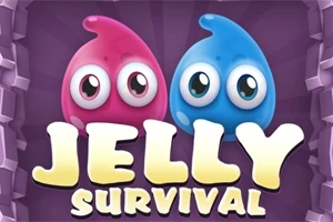 Dvě kreslené želatinové postavičky, růžová a modrá, s velkými oči a nápisem Jelly Survival