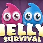 Dvě kreslené želatinové postavičky, růžová a modrá, s velkými oči a nápisem Jelly Survival