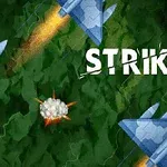 Stíhačky letící přes zelenou krajinu s výbuchy, s nápisem STRIKE