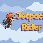 Dva kreslení postavičky s jetpacky letí mezi oblaky s nápisem Jetpack Rider uprostřed