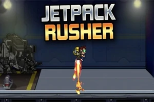 Postava s jetpackem letí ve tmavém tunelu s nápisem Jetpack Rusher nahoře