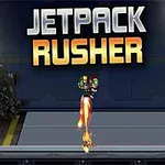 Postava s jetpackem letí ve tmavém tunelu s nápisem Jetpack Rusher nahoře