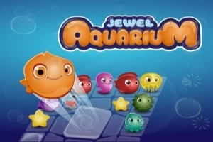 Barevné kreslené rybičky a hvězdice na herním plánu s nápisem Jewel Aquarium na modrém pozadí