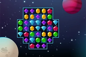 Barevné drahokamy uspořádané v geometrickém obrazci na vesmírném pozadí s planetami