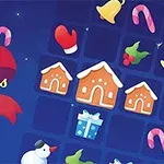 Vánoční motiv s perníkovými domky, sněhuláky, dárky, cukrovými hůlkami a zvonky na modrém pozadí