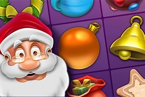 Usmívající se Santa Claus v červené čepici mezi vánočními ozdobami na fialovém pozadí