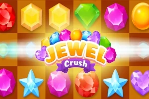 Barevné drahokamy v různých tvarech a barvách na hnědém podkladu s nápisem Jewel Crush uprostřed
