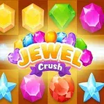 Barevné drahokamy v různých tvarech a barvách na hnědém podkladu s nápisem Jewel Crush uprostřed