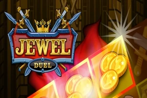 Logo se dvěma meči, korunou a nápisem Jewel Duel s lesknoucími se mincemi na barevném pozadí