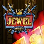 Logo se dvěma meči, korunou a nápisem Jewel Duel s lesknoucími se mincemi na barevném pozadí