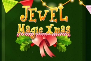 Nápis Jewel Magic Xmas na tmavě zeleném pozadí s vánočními dekoracemi, včetně stuhy a cesmíny