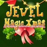 Nápis Jewel Magic Xmas na tmavě zeleném pozadí s vánočními dekoracemi, včetně stuhy a cesmíny