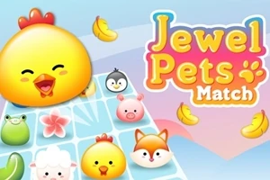 Barevná ilustrace s usměvavými zvířátky, banány a nápisem Jewel Pets Match na modrém pozadí