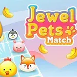 Barevná ilustrace s usměvavými zvířátky, banány a nápisem Jewel Pets Match na modrém pozadí