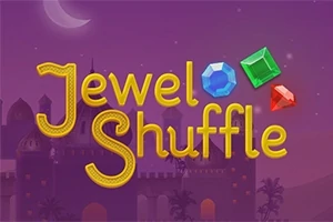 Fialové pozadí s nápisem Jewel Shuffle a různobarevnými drahokamy nad siluetou hradu