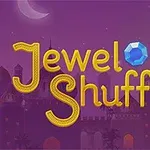 Fialové pozadí s nápisem Jewel Shuffle a různobarevnými drahokamy nad siluetou hradu