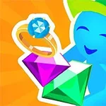 Modrá kreslená postava s veselým výrazem drží růžový a zelený drahokam a prsten s modrým kamenem, na oranžovém pozadí