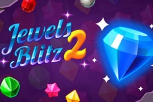 Modrý diamant na fialovém pozadí s různobarevnými drahokamy a nápisem Jewels Blitz 2