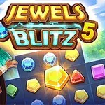 Barevné drahokamy a usmívající se postava v aztéckém stylu před chrámem s logem Jewels Blitz 5